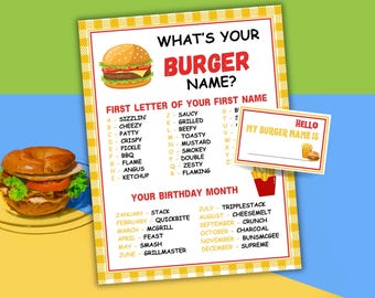 Was ist Ihr Burger Name Party Spiel druckbare Burger Party Spiel Burger Name Generator Burger Bar Grillparty Burger Mottoparty