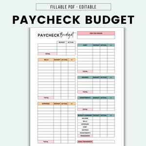 Paycheck Budget Printable Editable Pay Check Budget Printable Budget Fillable PDF Editable Budget Tracker Budget Planner Budget Sheet