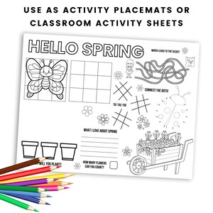 Puede incluir: Hoja de actividades imprimible en blanco y negro con las palabras "Hello Spring" en la parte superior. La hoja presenta una variedad de actividades para ni&ntilde;os, que incluyen un juego de unir los puntos, un juego de tres en raya, un laberinto y una p&aacute;gina para colorear.