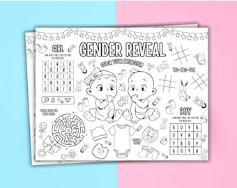 Gender Reveal Activity Placemat Printable Gender Reveal Coloring For Kids Baby Shower Placemat Gender Reveal Activities Gender Reveal Party