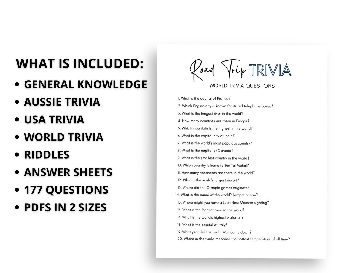 Road Trip Trivia | Printable Road Trip Games | Trivia Questions for Road Trips | Trivia Game - Etsy
