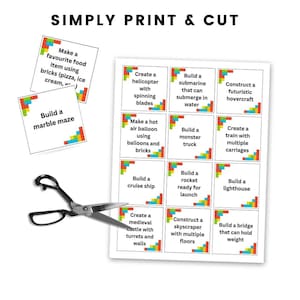 May include: Printable building challenge cards with the text "SIMPLY PRINT & CUT". The cards feature prompts such as "Build a marble maze" and "Build a submarine". A pair of scissors is also visible.