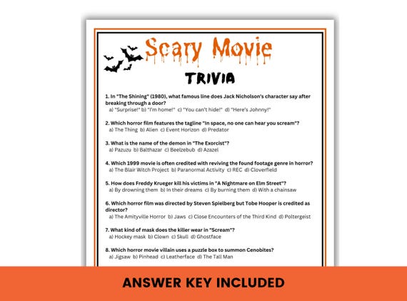 Halloween Movie Trivia Game Printable Halloween Trivia Night Halloween Movie Quiz With Answers Scary Movie Trivia Game Halloween Games
