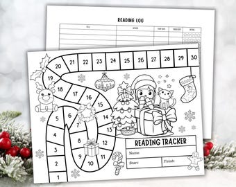 May include: Black and white printable Christmas-themed reading tracker with a game board featuring a path with numbers 1 to 30, a girl in a Santa hat, a Christmas tree, a reindeer, a gift box, a stocking, and a gingerbread man. The game board is labeled "Reading Tracker" and includes spaces for "Name", "Start", and "Finish".