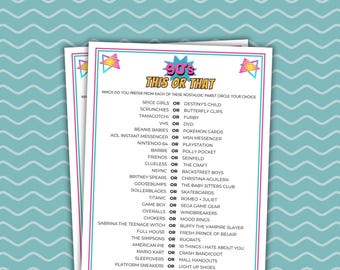 Juego de esto o aquello de los 90 Juegos de fiesta de los 90 Juego de fiesta imprimible para fiestas de cumpleaños de los 90 Juego de fiesta de los 90 Juegos de fiesta de cumpleaños de los 90 ¿Qué prefieres?
