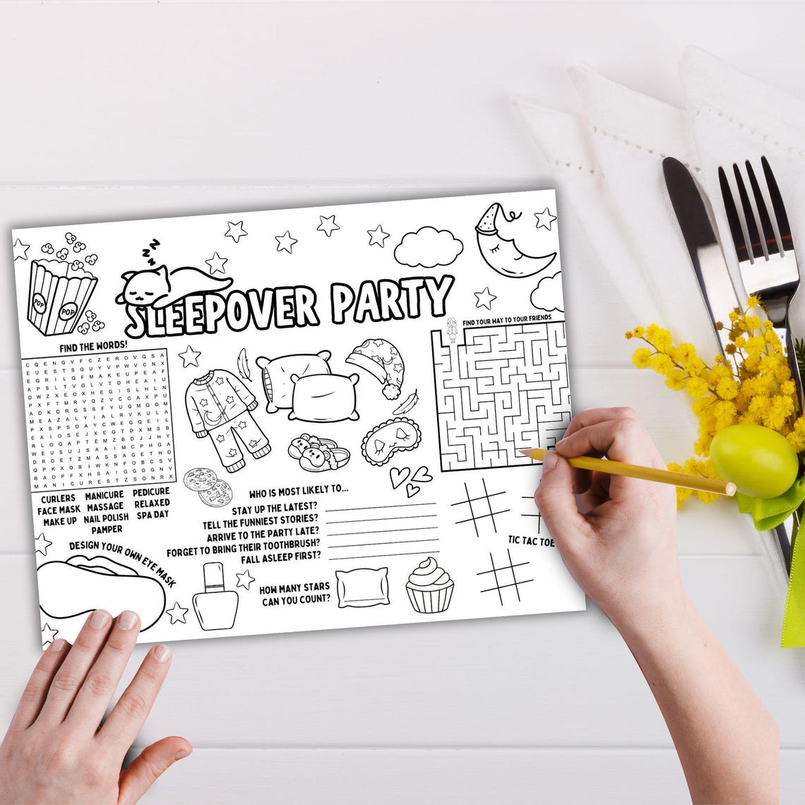 Sleepover Party Activity Placemat Printable Slumber Party Coloring ...