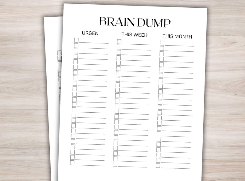 Pu&ograve; includere: Due fogli di carta bianca con la scritta "BRAIN DUMP" in alto. I fogli sono divisi in colonne con le etichette "URGENT", "THIS WEEK" e "THIS MONTH", con righe di caselle di controllo per ogni categoria. La carta &egrave; su una superficie di legno chiaro.