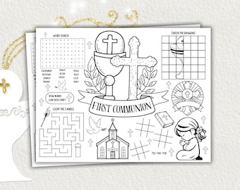 May include: Black and white printable activity sheet for a First Communion celebration. The sheet includes a word search, a maze, a tic-tac-toe game, a connect-the-dots activity, and a drawing of a chalice and cross.