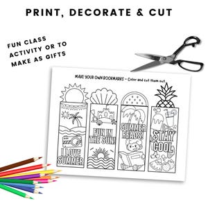 May include: Black and white printable bookmark designs with summer themes. The designs include a beach scene, a beach castle, a palm tree, a book, a watermelon, and a pineapple. The text on the bookmarks reads "I love summer", "Fun in the sun", "Summer reads", and "Stay cool".