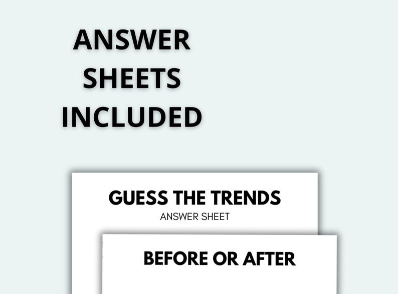 May include: Image features two white sheets of paper with black text. The top sheet reads "GUESS THE TRENDS ANSWER SHEET." The bottom sheet says "BEFORE OR AFTER." The words "ANSWER SHEETS INCLUDED" are at the top.