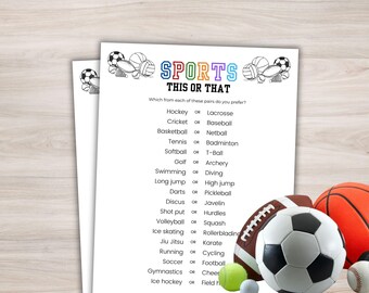 Juego de deportes "Esto o aquello" Juego de deportes imprimible Juegos de fiesta de deportes Juegos de deportes Fiesta de cumpleaños de deportes ¿Qué prefieres? Juego de fiesta de equipo