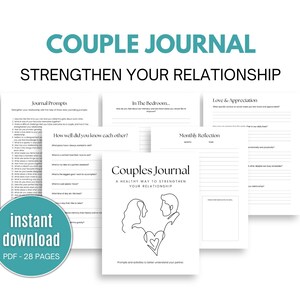 K&ouml;nnte beinhalten: Eine Schwarzwei&szlig;illustration eines Paares, das sich gegen&uuml;bersteht, mit einem Herzen dazwischen. Der Text "Couples Journal" befindet sich &uuml;ber der Illustration und der Text "A Healthy Way to Strengthen Your Relationship" unter der Illustration. Der Text "Journal Prompts", "In The Bedroom", "Love & Appreciation" und "Monthly Reflection" ist auf den Seiten eines Journals sichtbar.