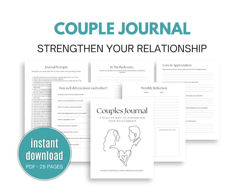 K&ouml;nnte beinhalten: Eine Schwarzwei&szlig;illustration eines Paares, das sich gegen&uuml;bersteht, mit einem Herzen dazwischen. Der Text "Couples Journal" befindet sich &uuml;ber der Illustration und der Text "A Healthy Way to Strengthen Your Relationship" unter der Illustration. Der Text "Journal Prompts", "In The Bedroom", "Love & Appreciation" und "Monthly Reflection" ist auf den Seiten eines Journals sichtbar.
