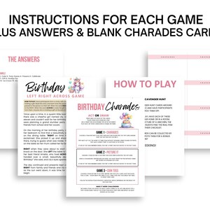 May include: A set of printable birthday party game instructions and answer sheets. The pages include instructions for games like charades, a scavenger hunt, and a coin toss, with a pink and white color scheme.