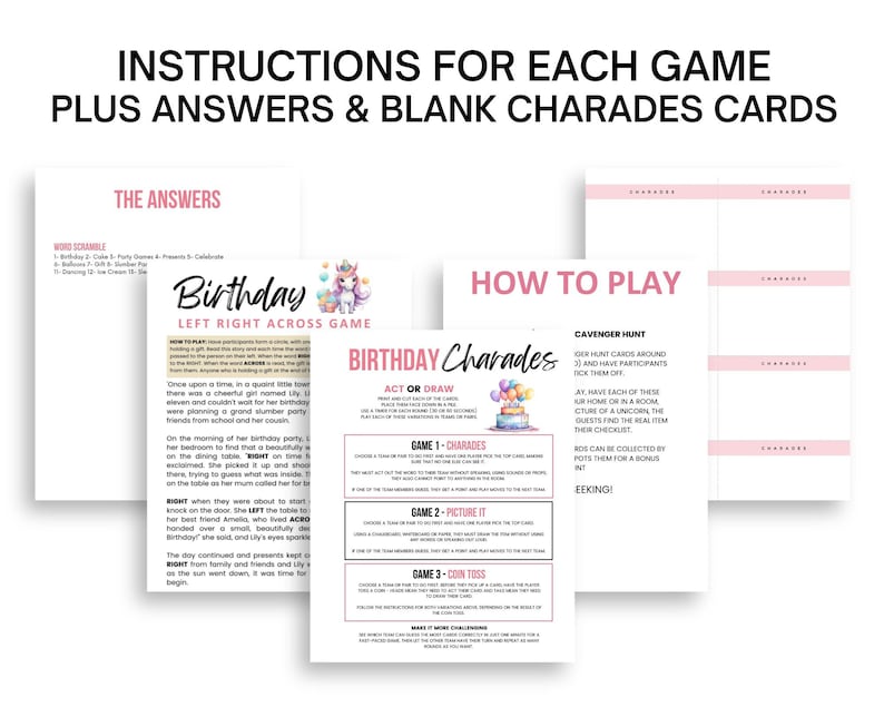 May include: A set of printable birthday party game instructions and answer sheets. The pages include instructions for games like charades, a scavenger hunt, and a coin toss, with a pink and white color scheme.