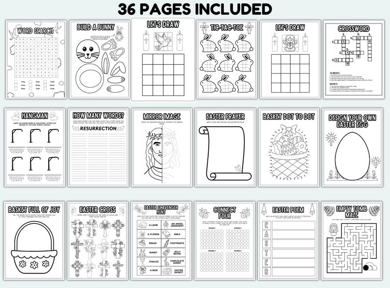 K&ouml;nnte beinhalten: Ein Set mit 36 Seiten mit Osteraktivit&auml;ten. Enth&auml;lt Wortsuchr&auml;tsel, Zeichenaufgaben, Tic-Tac-Toe, Kreuzwortr&auml;tsel, Galgenm&auml;nnchen, Punkt-zu-Punkt-Spiele und Labyrinthe. Die Seiten sind in Schwarzwei&szlig; gehalten und zum Ausmalen gedacht.