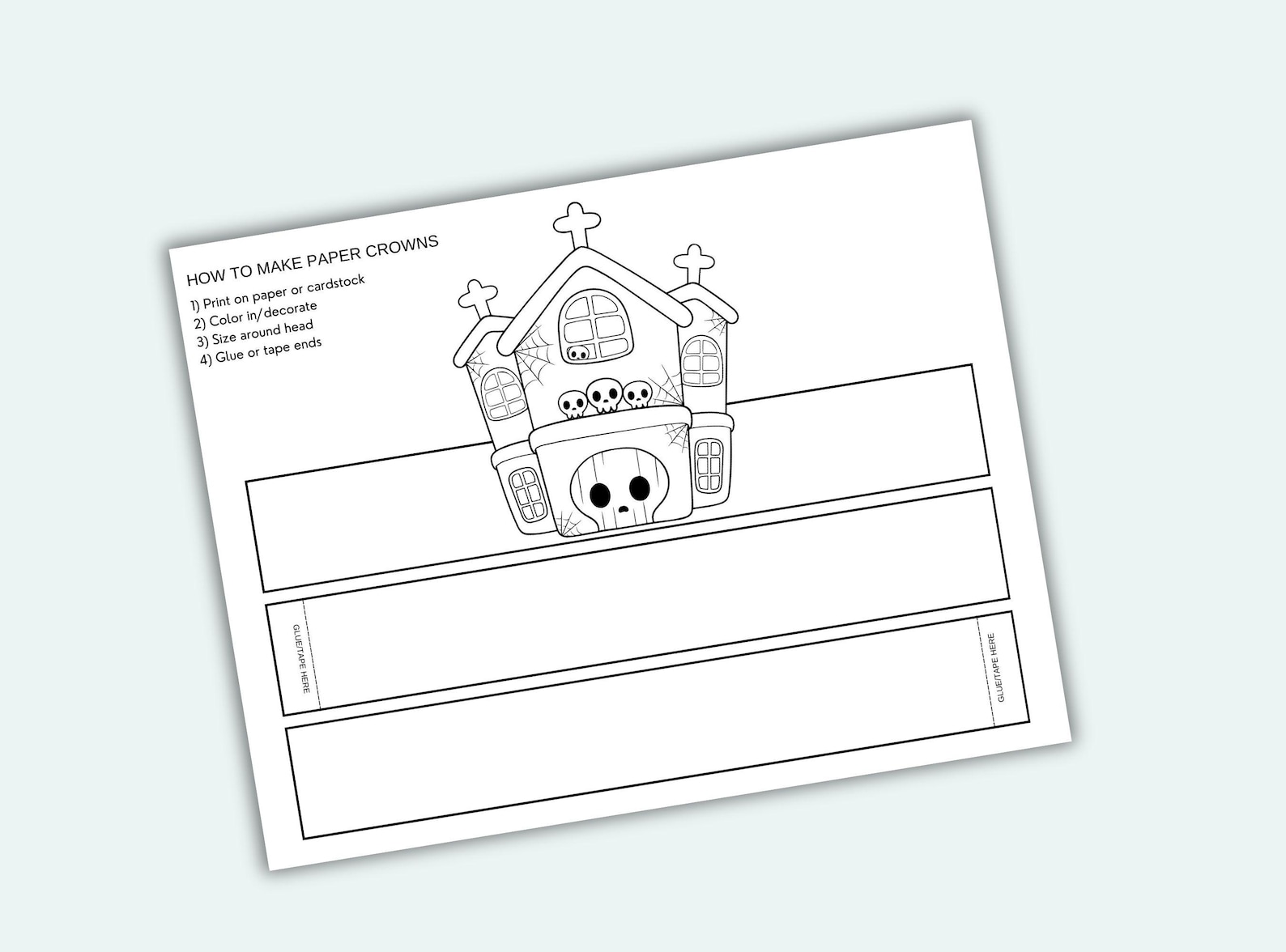A Haunted House Above the Band Coloring crown template with a haunted house and Halloween details.