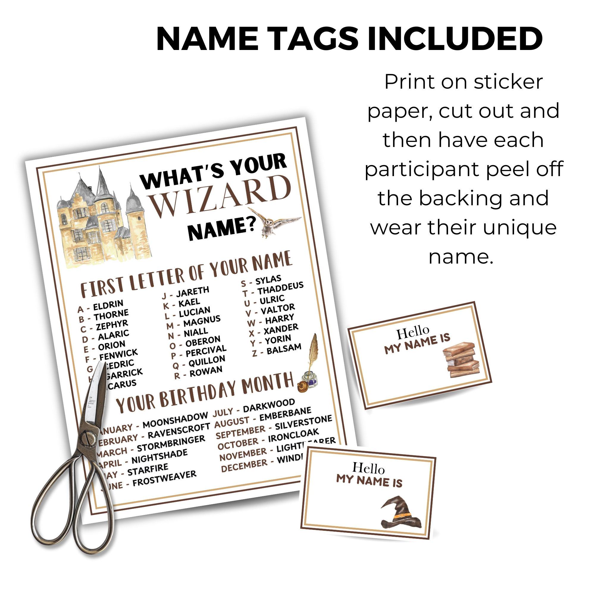 What's Your Wizard Name Game – Baby Shower & Birthday Party Game With Sign & 30 Name Tag Stickers