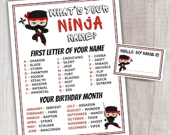 Jakie jest Twoje imię Ninja? Gra imprezowa do wydrukowania Gra imprezowa Ninja Generator nazw Ninja Gra imprezowa Ninja Aktywność imprezowa Ninja Gra ninja