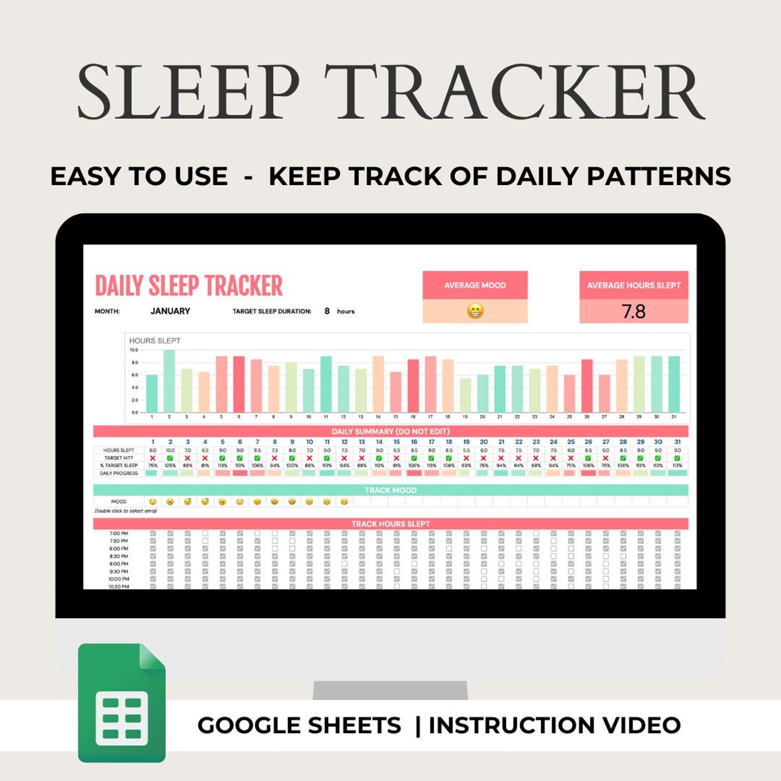 Daily Sleep Tracker Spreadsheet Sleep Tracking Google Sheets Hours ...