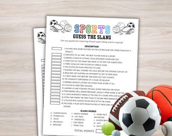 Juego de jerga deportiva Juegos imprimibles para fiestas deportivas Juegos deportivos Trivia deportiva Adivina la jerga Juegos de trabajo en equipo con temática deportiva Cumpleaños deportivo