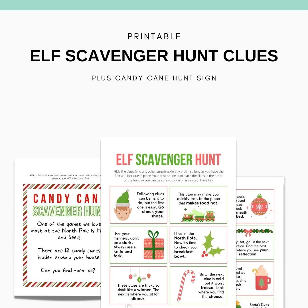 Printable Elf Scavenger Hunt Clues Elf Candy Cane Hunt Sign Christmas