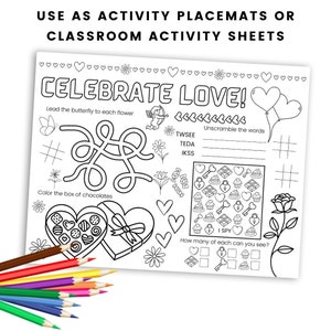 May include: Black and white printable activity sheet with a Valentine's Day theme. The sheet features a maze, a word scramble, a 'I Spy' game, and a coloring page. The text on the sheet reads 'Celebrate Love!'