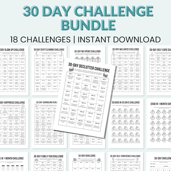 30 Day Challenge Bundle Printable 30 Day Challenge Tracker 30 Day Challenges Daily Challenge Monthly Challenge Habit Tracker Printable