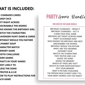 May include: A party game bundle with a list of included games, such as charades, scavenger hunt, and memory games. The text on the left says "What is included:" and lists the games. The text on the right says "Party Game Bundle".