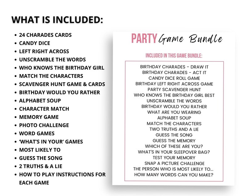 May include: A party game bundle with a list of included games, such as charades, scavenger hunt, and memory games. The text on the left says "What is included:" and lists the games. The text on the right says "Party Game Bundle".