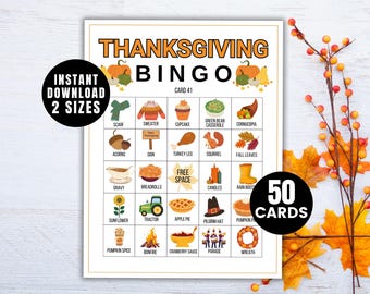 May include: Thanksgiving Bingo card with illustrations of fall-themed items like pumpkins, turkey legs, and acorns. The card includes the text "Thanksgiving Bingo" and "50 Cards". The image also says "Instant Download 2 Sizes".