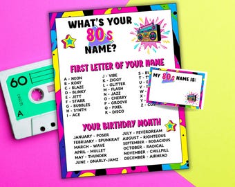 Was ist Ihr 80er Jahre Name Gesellschaftsspiel Printable 1980er Gesellschaftsspiel 80er Jahre Name Generator Achtziger Gesellschaftsspiel 1980er Jahre Mottoparty Aktivität Retro Party