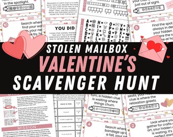 May include: A pink and gold Valentine's Day scavenger hunt game with a pink envelope and hearts. The game includes clues and instructions for a fun activity.