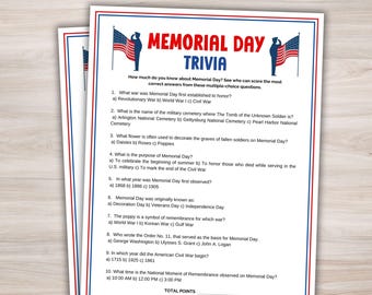 Memorial Day Trivia Game Afdrukbare Memorial Game Memorial Party Game Trivia Vragen Patriottische Games American Trivia Memorial Quiz