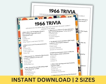 Juego de trivia de 1966 para imprimir Juegos de cumpleaños número 60 Juegos de nacidos en 1966 Juegos de cumpleaños Juego de cumpleaños número 60 Preguntas y respuestas de trivia de 1966 Cuestionario de 1966