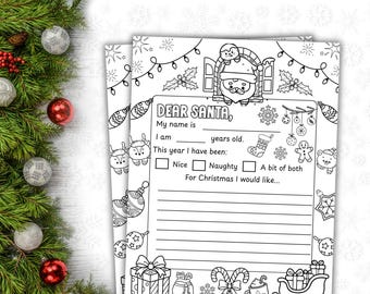 Plantilla de carta a Papá Noel para imprimir Carta a Papá Noel Página para colorear Querido Papá Noel Carta Lista de deseos navideños para niños Carta a Papá Noel Carta de Navidad