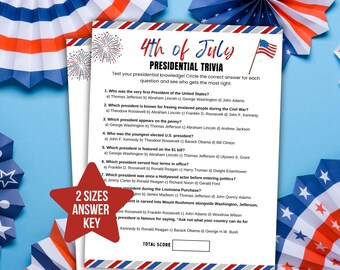 4. Juli-Trivia US Präsidentschafts-Trivia 4. Juli Aktivität Vaterländische Spiele 4.Juli-Party Unabhängigkeitstag Party Präsidenten Tag