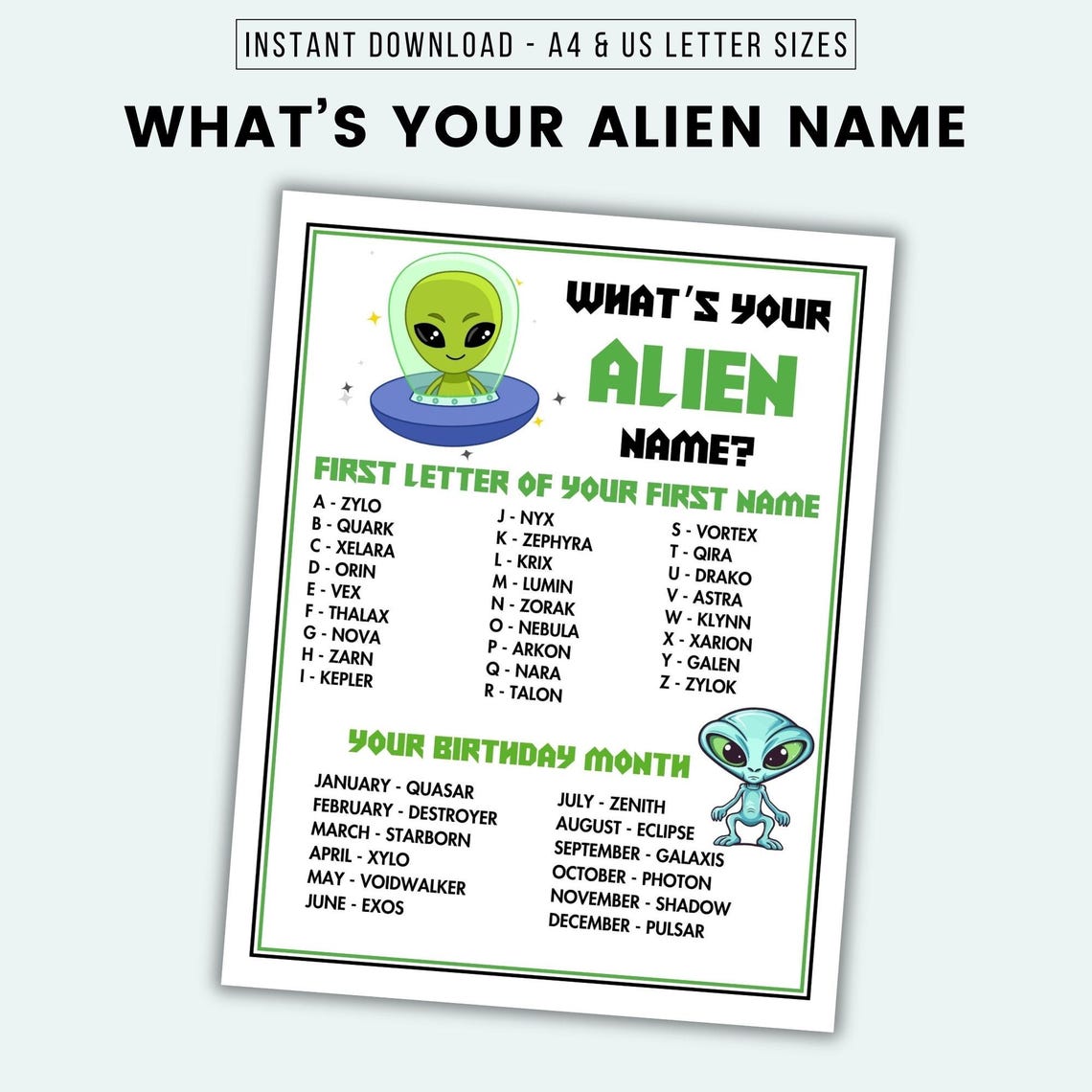 What's Your Alien Name Party Game Printable Alien Party Game Alien Name ...