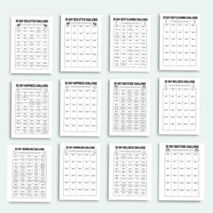 May include: A printable set of 12 black and white 30-day challenge trackers. The trackers include challenges for decluttering, deep cleaning, happiness, gratitude, wellness, and journaling.