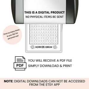 May include: A white word search puzzle with the text "WORD SEARCH" printed in reverse. The image includes the text "THIS IS A DIGITAL PRODUCT NO PHYSICAL ITEMS BE SENT" and "YOU WILL RECEIVE A PDF FILE SIMPLY DOWNLOAD & PRINT".