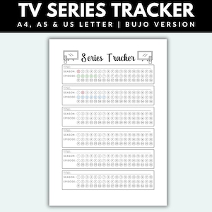 以下が含まれることがあります： 黒いヘッダーが付いた「TV SERIES TRACKER」というタイトルの白い紙。トラッカーには、テレビ番組のシーズンとエピソードを記録するためのスペースが含まれています。デザインは、テレビのアイコンを備えたシンプルなレイアウトが特徴です。