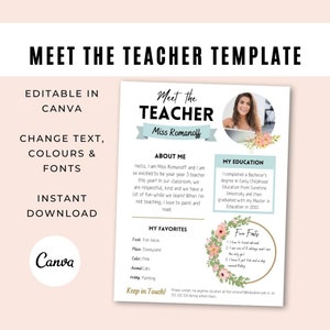 Plantilla editable para conocer al maestro, plantilla floral de Canva, boletín escolar, carta de presentación del maestro, regreso a la escuela, todo sobre mí