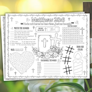 以下が含まれることがあります： イースターをテーマにしたパズルやゲームが掲載された、白黒のワークシートが2枚。上部には「マタイ28:6」のテキスト。迷路、単語検索、穴埋め問題が含まれています。十字架と花も描かれています。