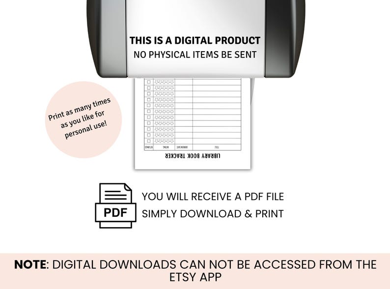 K&ouml;nnte beinhalten: Ein druckbares schwarz-wei&szlig;es Bibliotheksbuch-Tracker-Blatt. Das Bild enth&auml;lt den Text "THIS IS A DIGITAL PRODUCT NO PHYSICAL ITEMS BE SENT" und "YOU WILL RECEIVE A PDF FILE SIMPLY DOWNLOAD & PRINT". Ebenfalls enthalten ist der Text "Drucken Sie so oft Sie m&ouml;chten f&uuml;r den pers&ouml;nlichen Gebrauch!"