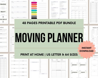May include: A printable moving planner PDF bundle with 48 pages. The cover features a green background with the text "MOVING PLANNER" in black. The text "48 PAGES PRINTABLE PDF BUNDLE" is in white on a light green background. The text "PRINT AT HOME | US LETTER & A4 SIZES" is in black on a white background. The text "INSTANT DOWNLOAD" is in white on a pink circle.
