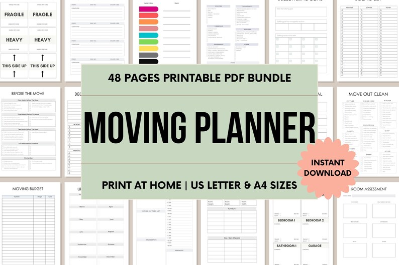 May include: A printable moving planner PDF bundle with 48 pages. The cover features a green background with the text "MOVING PLANNER" in black. The text "48 PAGES PRINTABLE PDF BUNDLE" is in white on a light green background. The text "PRINT AT HOME | US LETTER & A4 SIZES" is in black on a white background. The text "INSTANT DOWNLOAD" is in white on a pink circle.