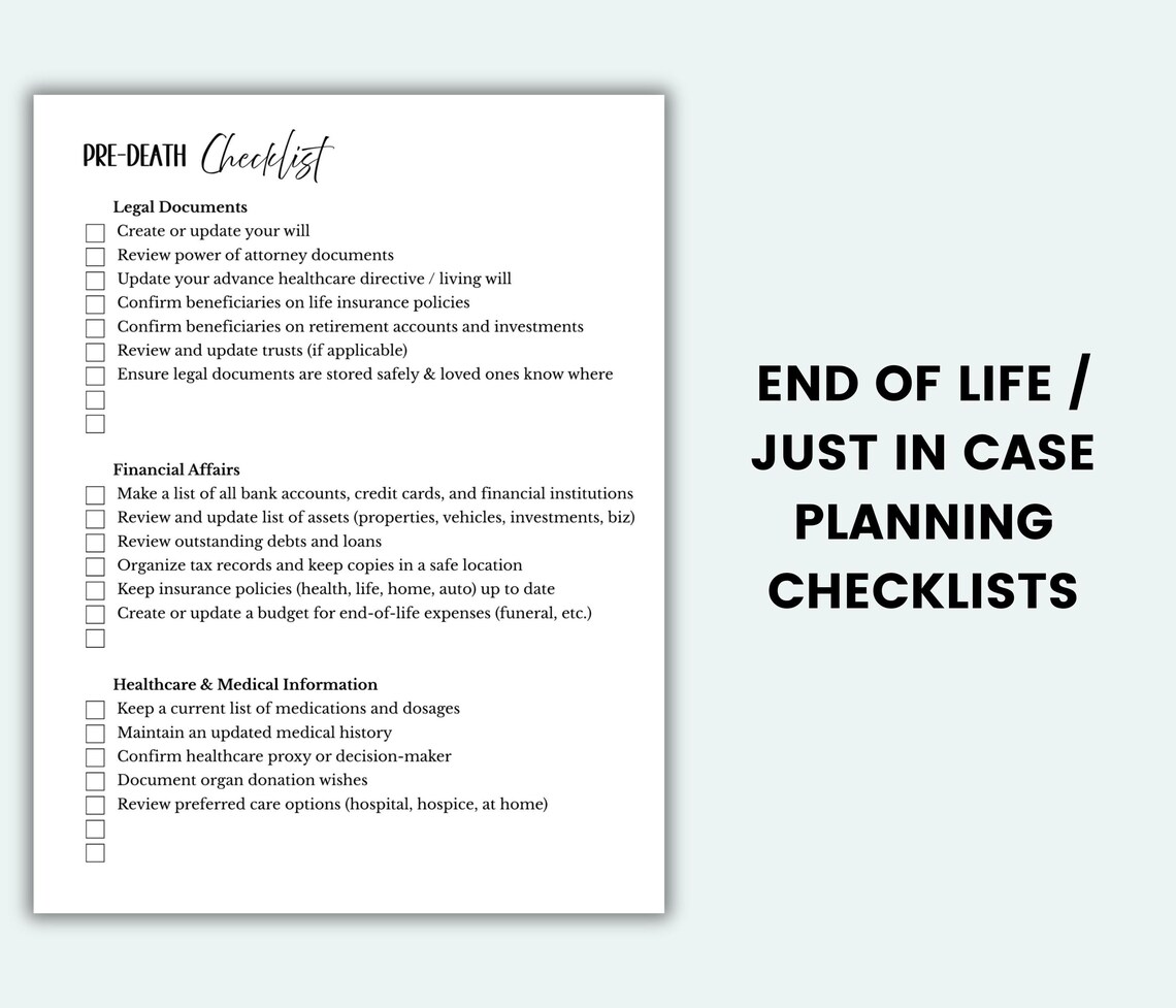 End of Life Checklist Death Checklist End of Life Planner Printable ...