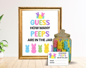 Adivina cuántos Peeps hay en el letrero del frasco. Juego de adivinanzas de Pascua imprimible. Juego de fiesta de Pascua. Juego de adivinanzas de Peeps. Juego de Pascua. Juego de Pascua para la oficina.