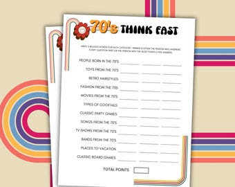 1970s Think Fast Game 1970s Party Games 70s Birthday Party Printable Party Games 70s Party Game 1970s Birthday Party Think Quick Game