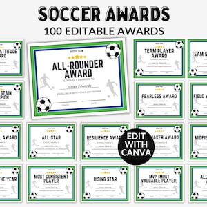 May include: A set of soccer award certificates with green and blue borders. The certificates feature soccer ball graphics and various award titles such as "All-Rounder Award" and "Team Spirit Award". The text "Soccer Awards" and "100 Editable Awards" are at the top.
